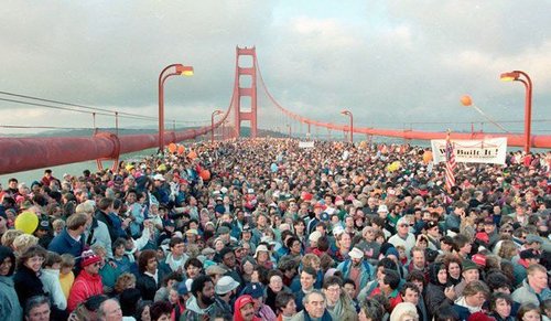 Golden Gate Bridge, 1988--the "We Built It" sign is probably racist, somehow.